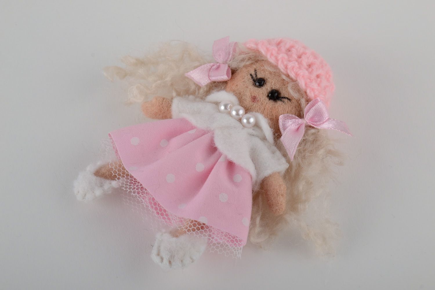 Handmade designer brooch doll in pink clothes photo 2