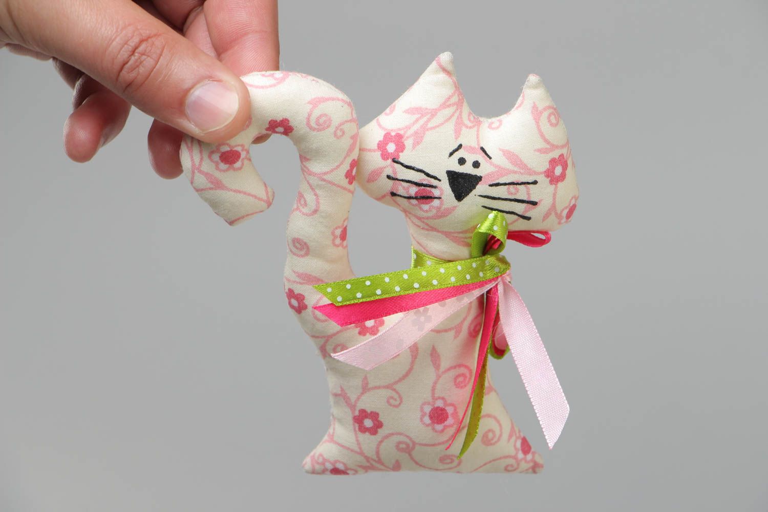 Handmade soft toy fridge magnet sewn of light patterned cotton fabric Cat photo 5