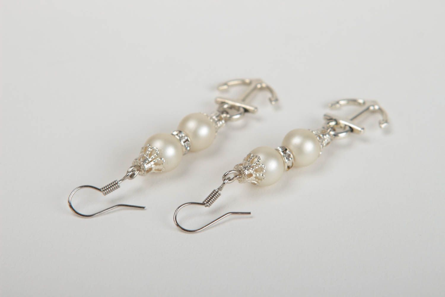 Handcrafted metal earrings with pearl beads designer jewelry gifts for her photo 4