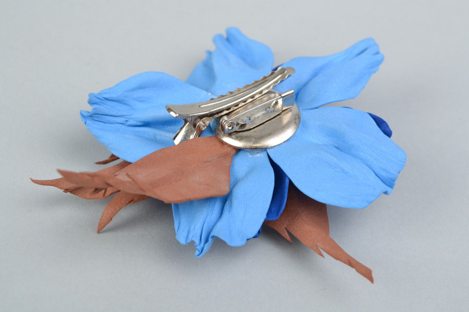 Handmade designer hair clip brooch with foamiran flower in blue and brown colors photo 4