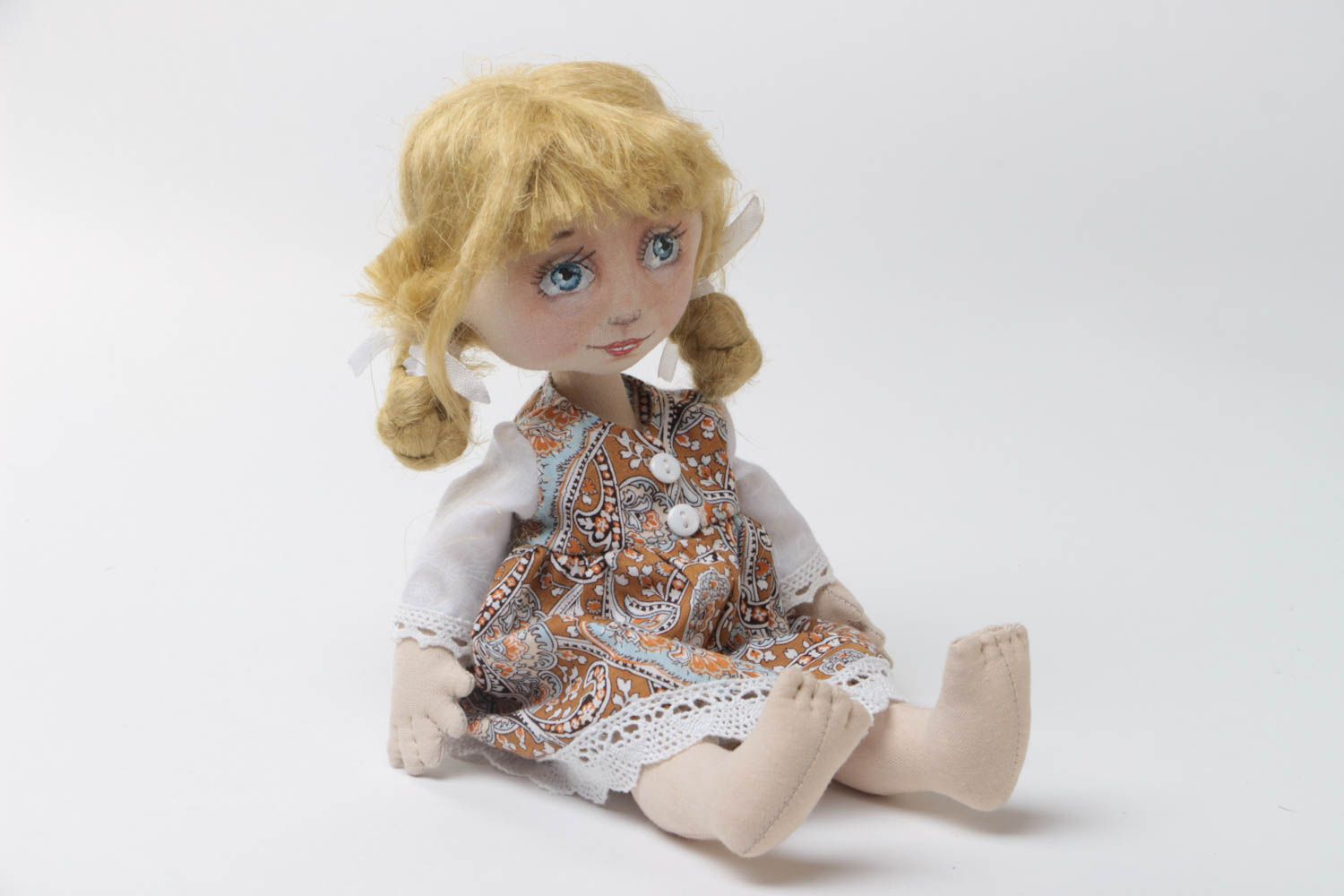 Handmade designer cotton and batiste fabric soft doll for interior decor photo 2