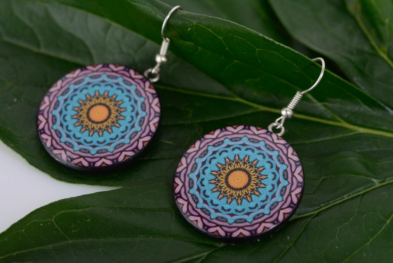 Round polymer clay handmade earrings ornamented using decoupage technique photo 3