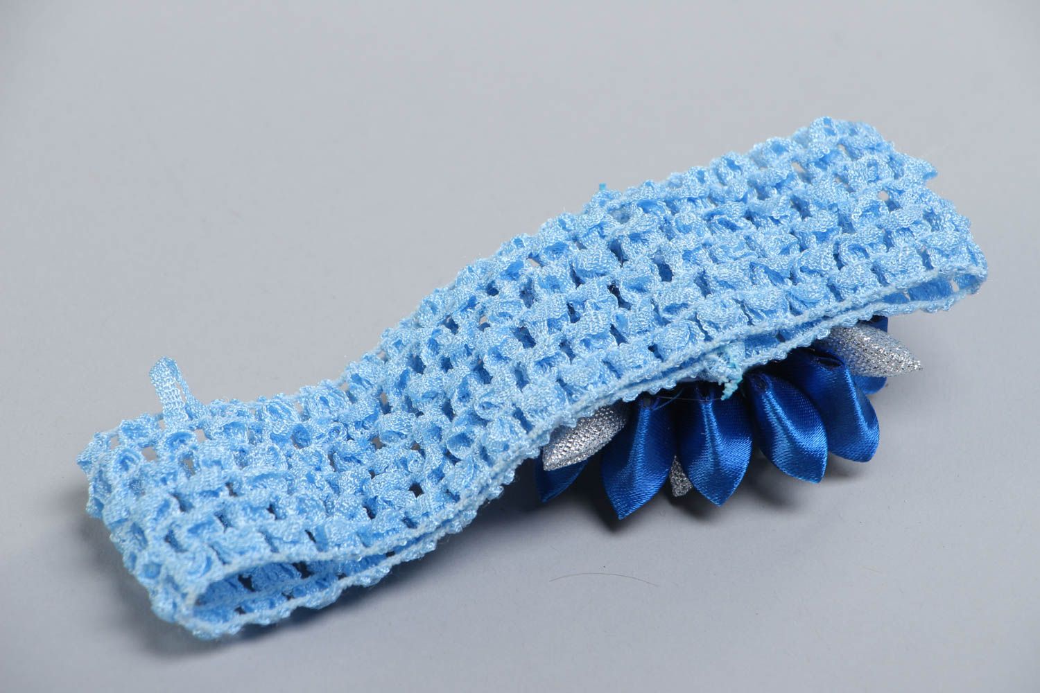 Handmade designer blue kanzashi satin flower hair strap photo 4