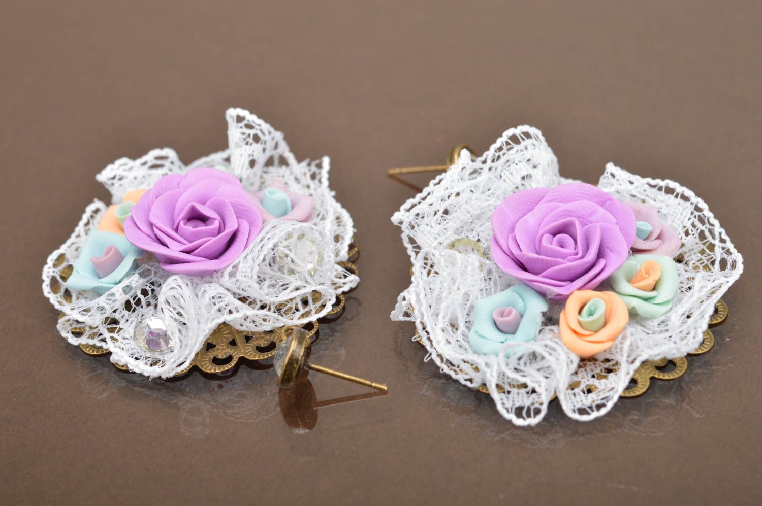 Beautiful bright handmade designer polymer clay flower stud earrings Roses photo 5