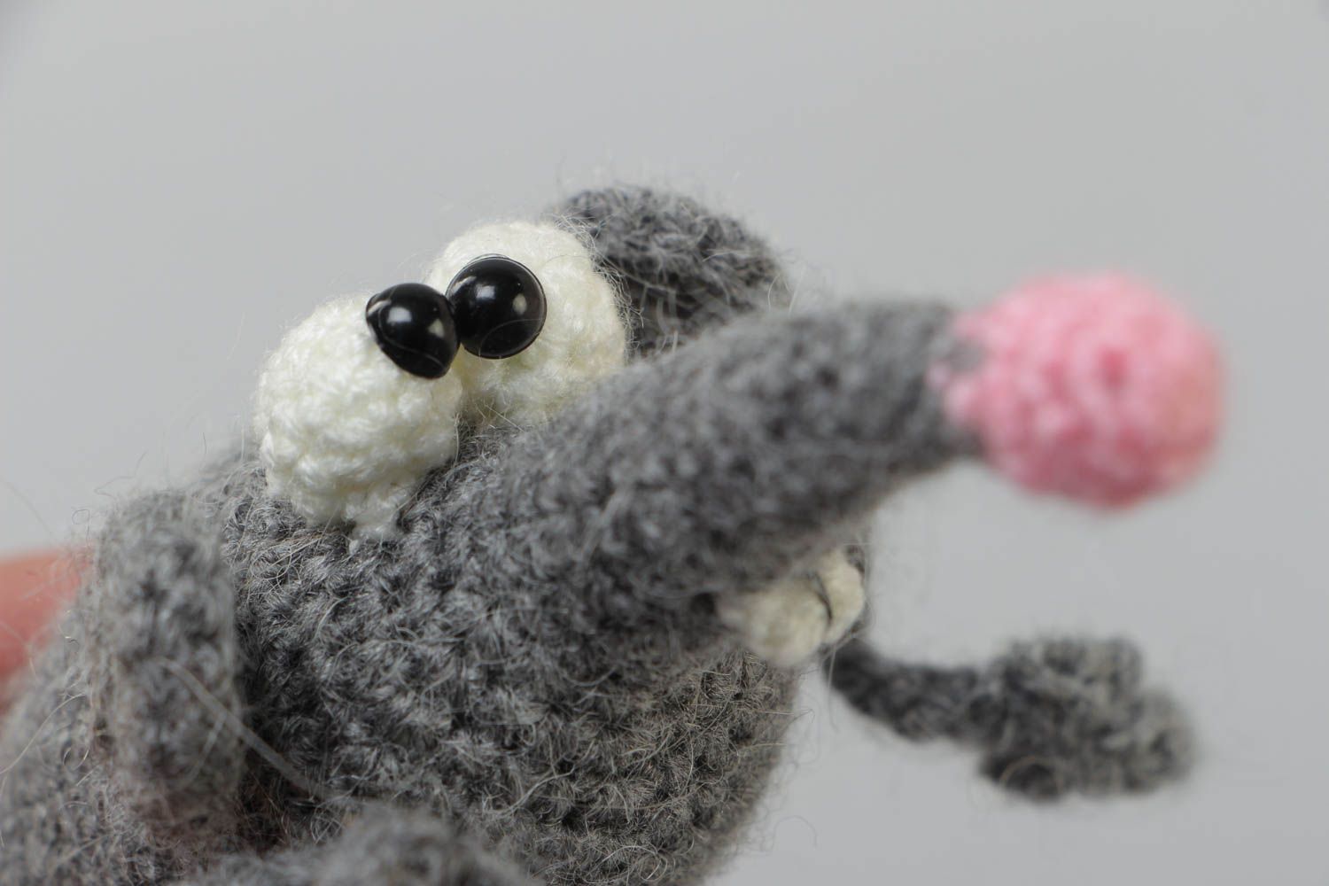 Handmade soft toy crocheted of acrylic threads funny gray mouse with long nose photo 3