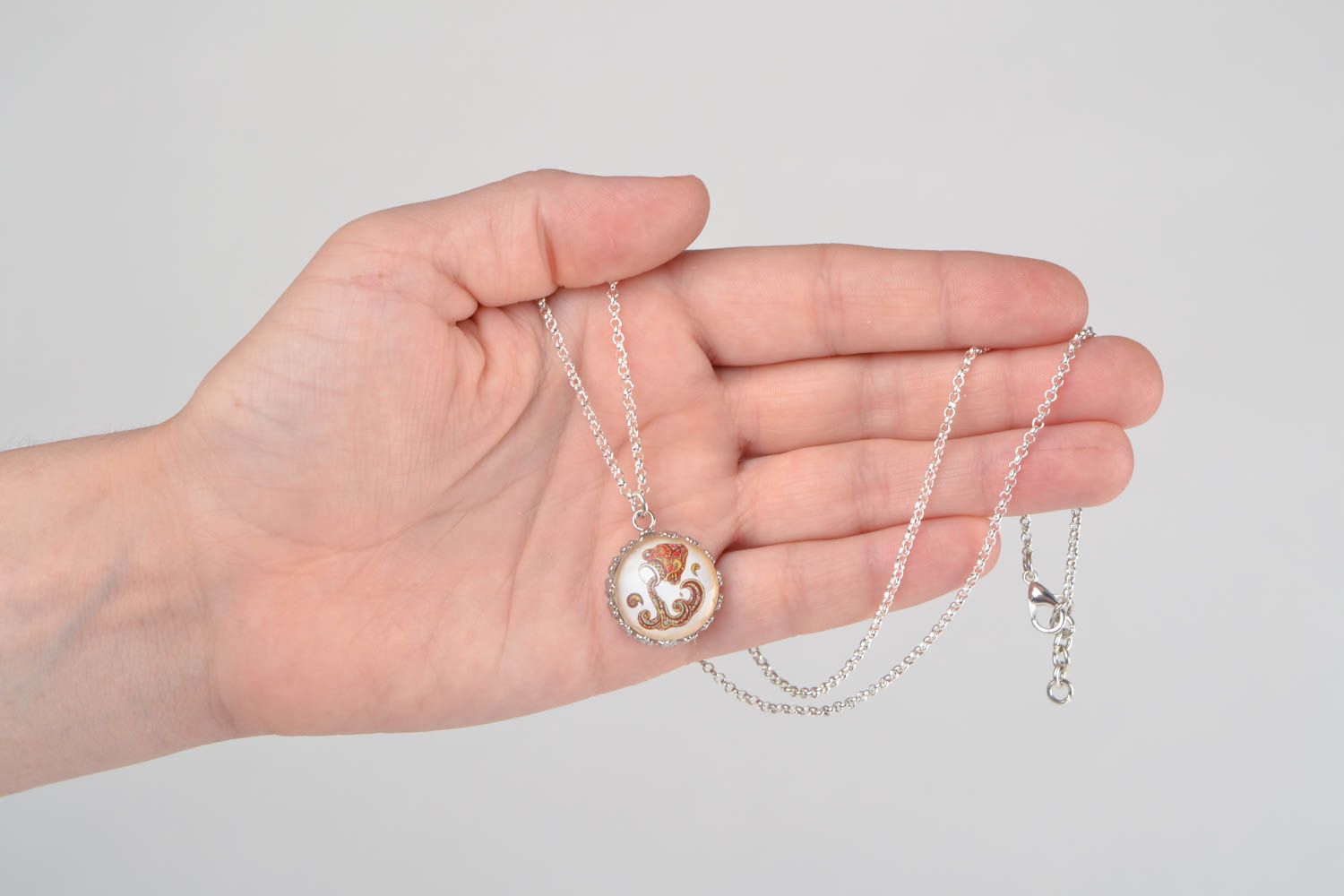 Handmade designer round glass pendant necklace on metal chain with Aquarius sign photo 2