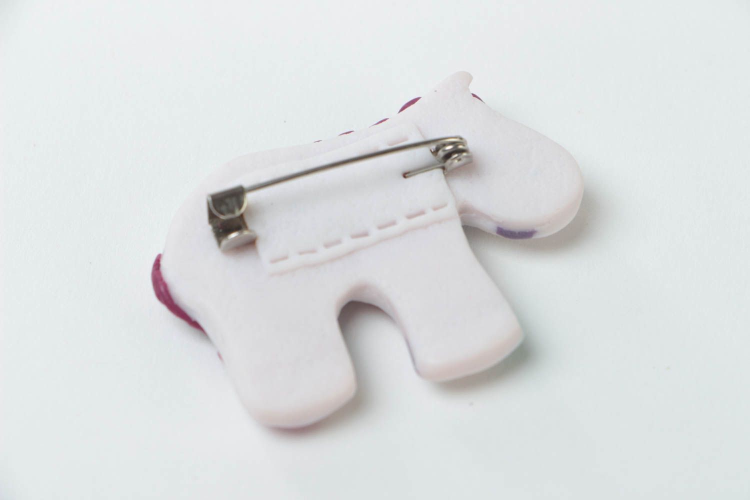 Handmade designer polymer clay brooch small white polka dot pony for children photo 4