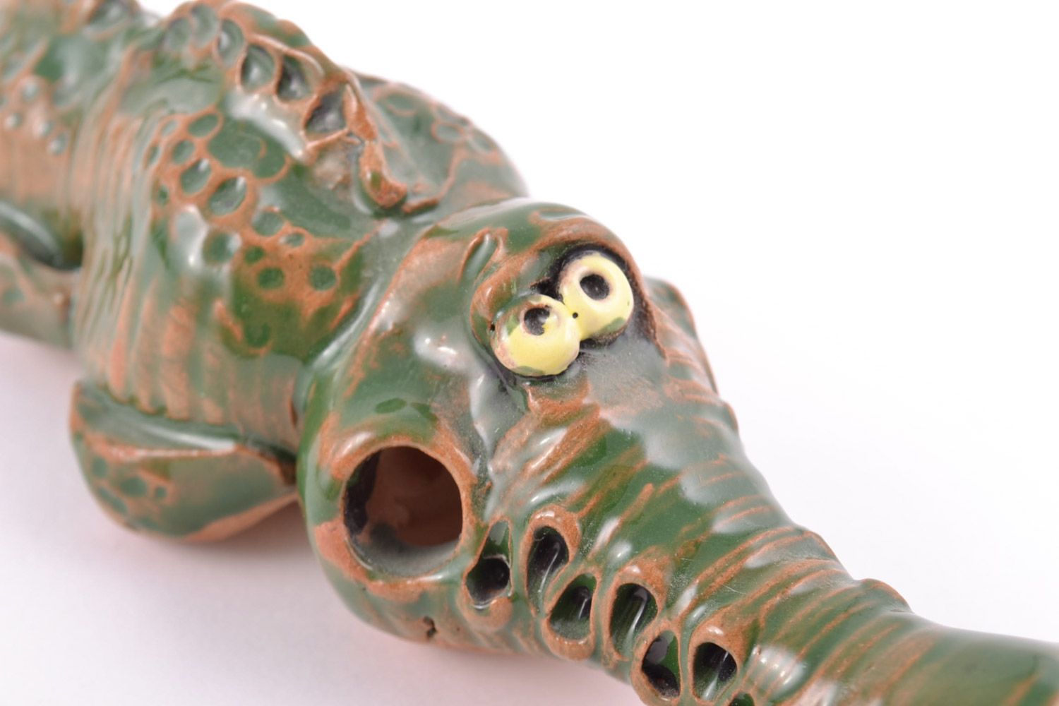 Handmade small souvenir ceramic figurine of crocodile painted with glaze photo 4