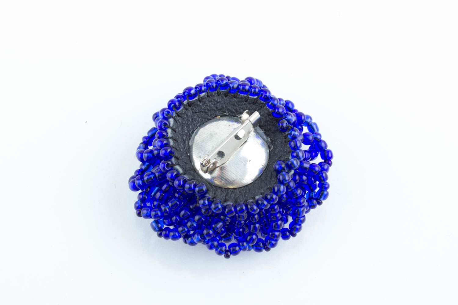 Handmade volume flower shaped bright blue brooch woven of seed beads festive photo 3