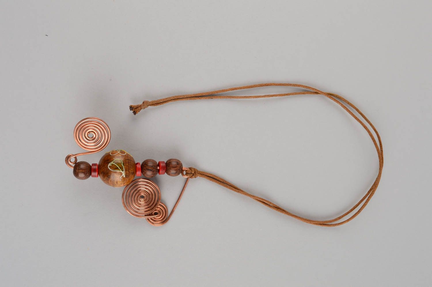 Handmade designer copper wire pendant with wooden beads on cord women accessory photo 2