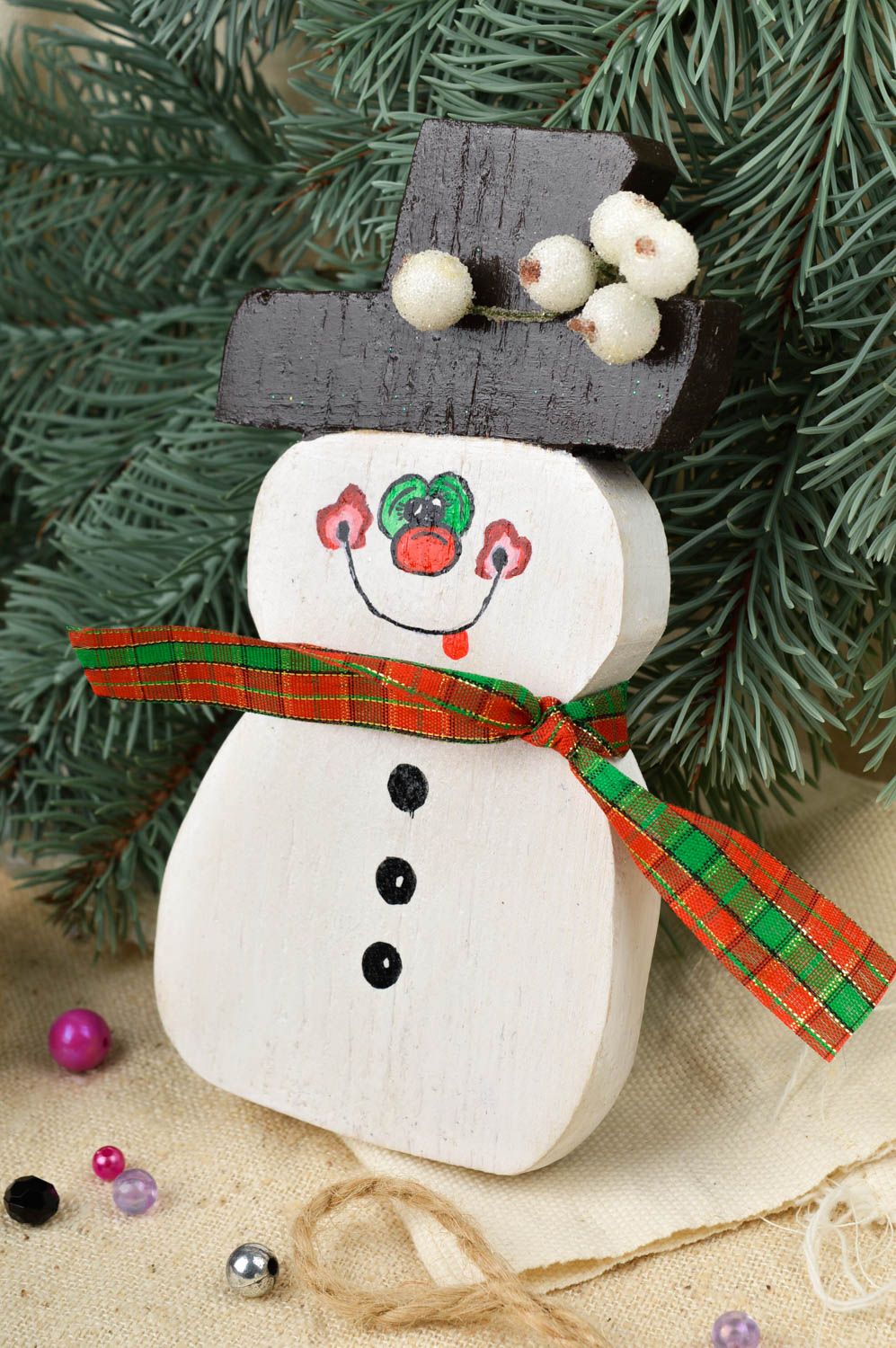 Figurine Bonhomme de neige en bois faite main peinte Décoration de Noël photo 1