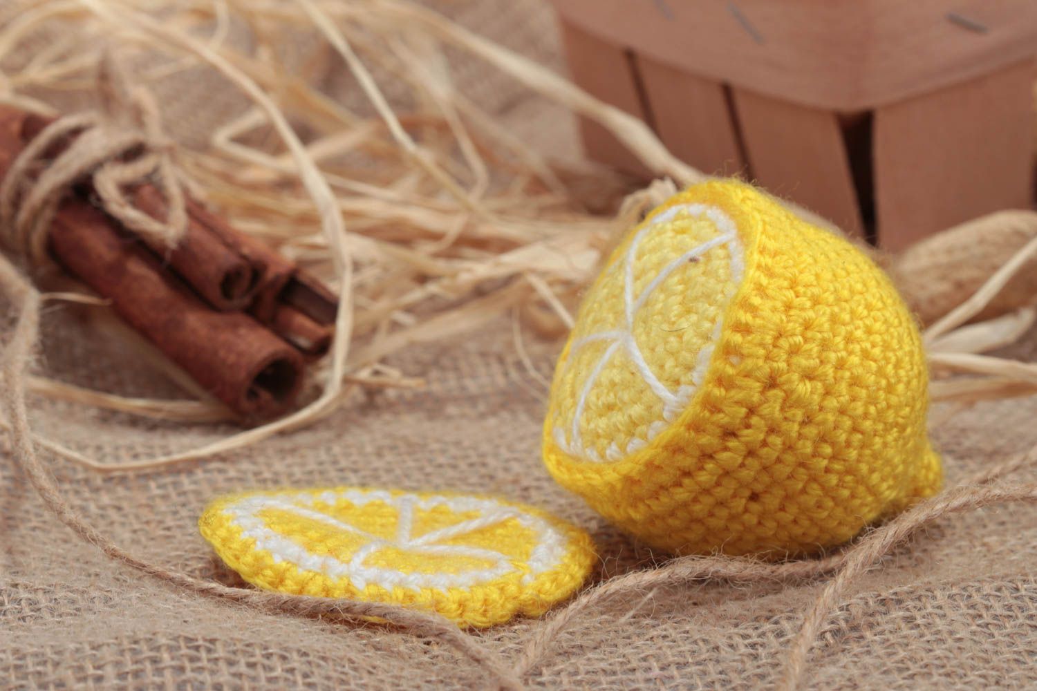 Handmade soft toy lemon crocheted of acrylic threads for kids and interior decor photo 1
