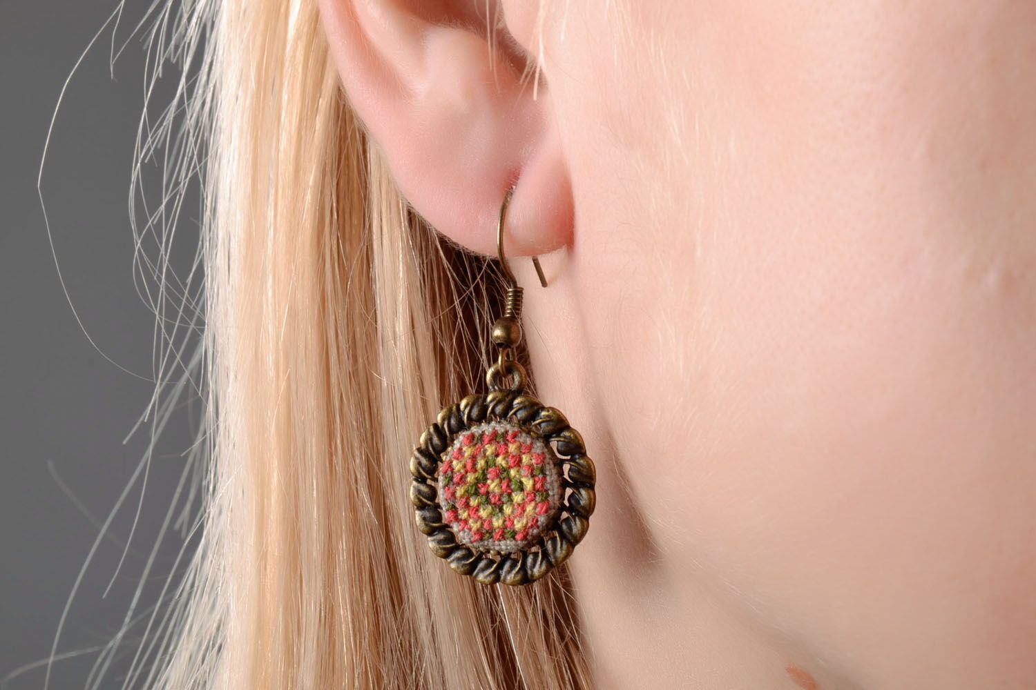 Earrings with cross stitch embroidery photo 1