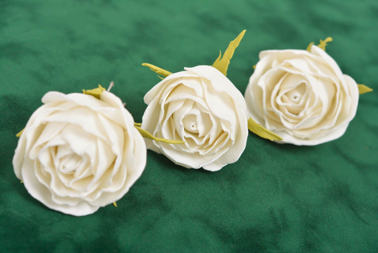 Set of 3 handmade decorative metal hair pins with foamiran white rose buds photo 3