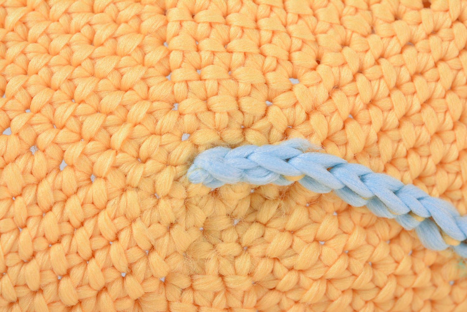 Handmade decorative small orange crochet basket with blue heart decor and handles photo 4