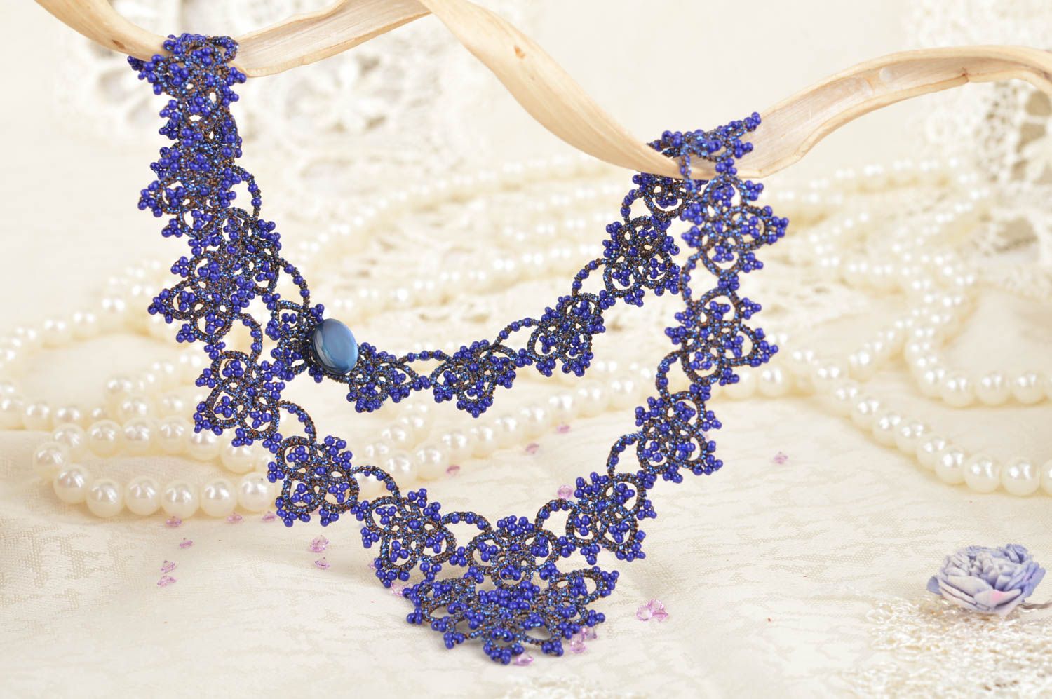 Beautiful blue handmade tatting necklace woven of satin threads with Czech beads photo 3