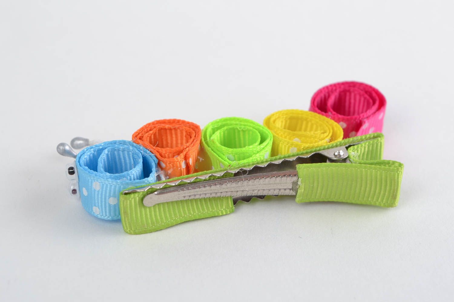 Bright handmade children's rep ribbon textile hair clip Caterpillar photo 5