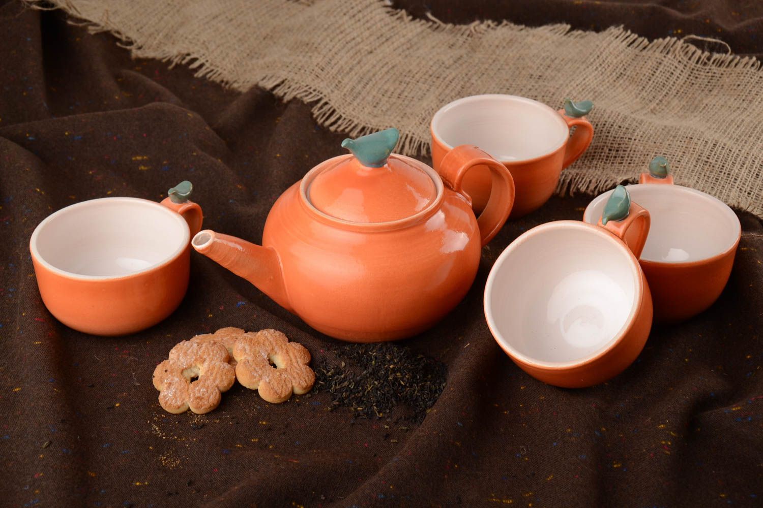 Service à thé en argile orange oiseaux théière 1 l et 4 tasses 30 cl fait main photo 1