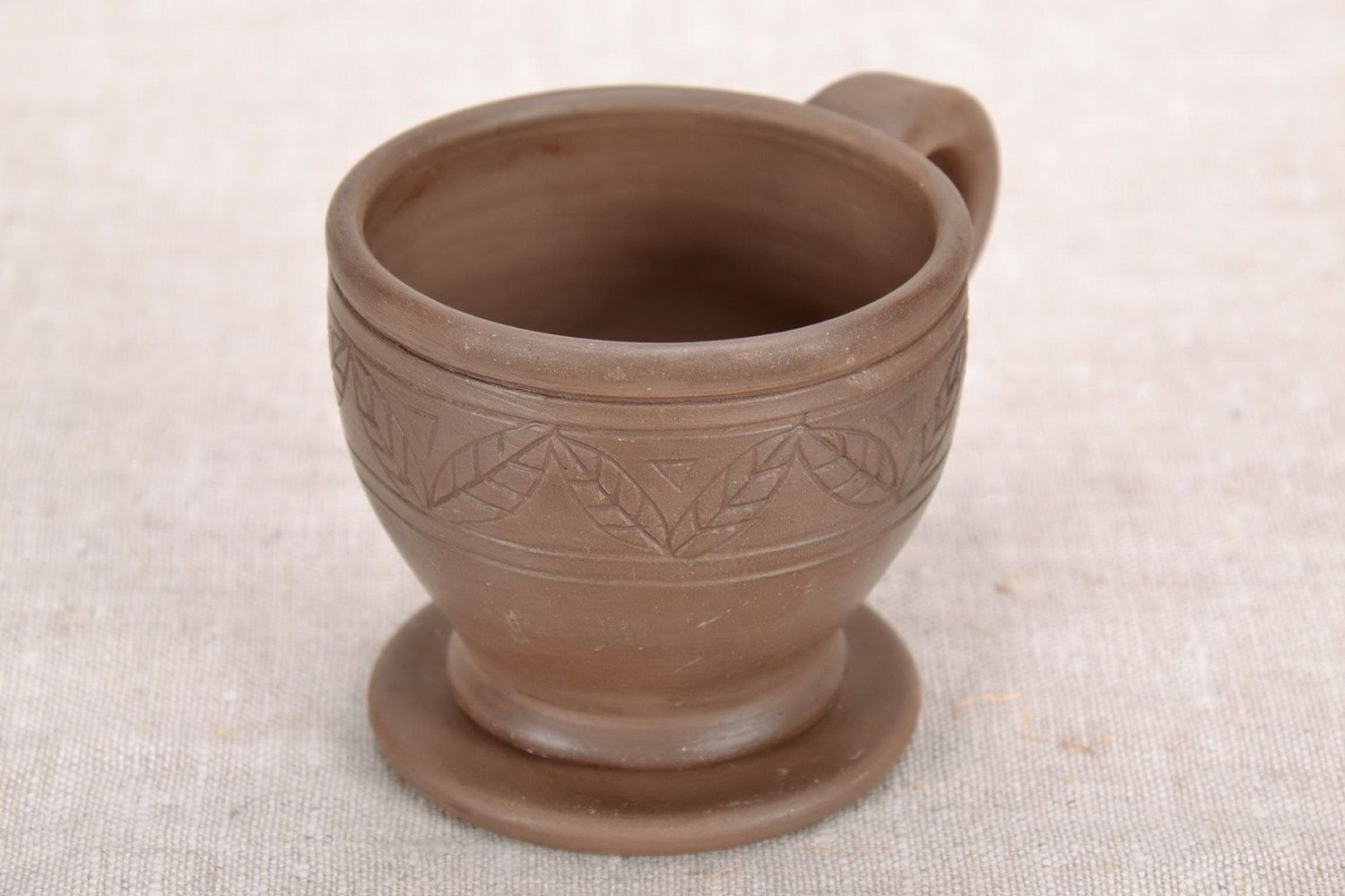 Brown clay glazed clay cup for coffee with handle and Greek pattern photo 4