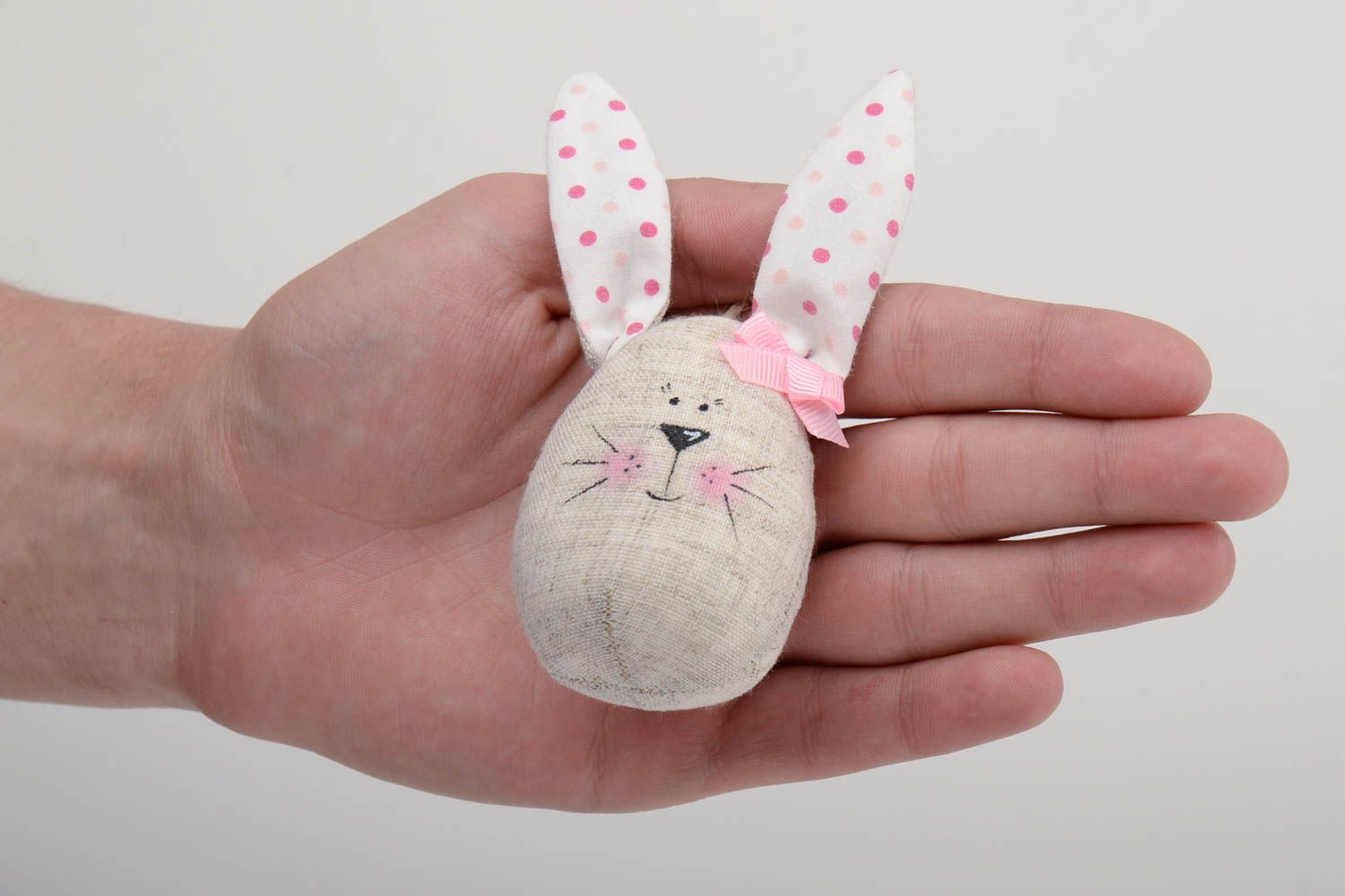 Small handmade wall hanging cotton fabric soft toy rabbit with pink bow  photo 5