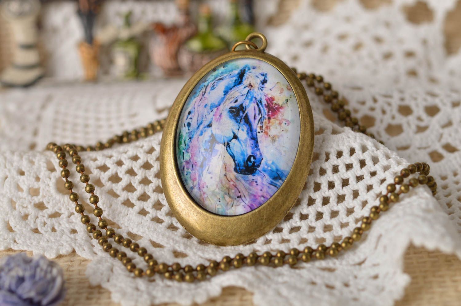 Handmade vintage pendant metal jewelry with print delicate pendant for women photo 1