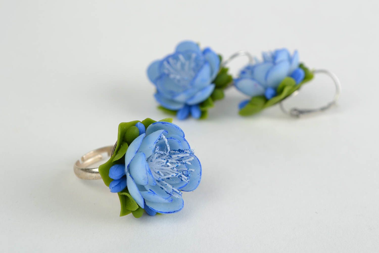Blumen Schmuck Set aus Porzellan in Blau Ohrringe und Ring schön handgemacht foto 3