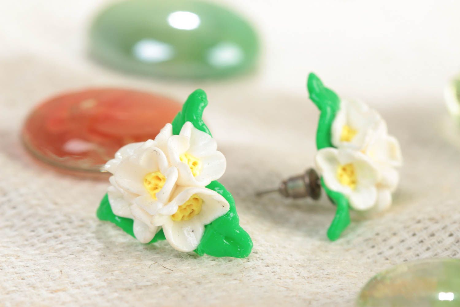 Handmade tender small white and green polymer clay flowers stud earrings  photo 1