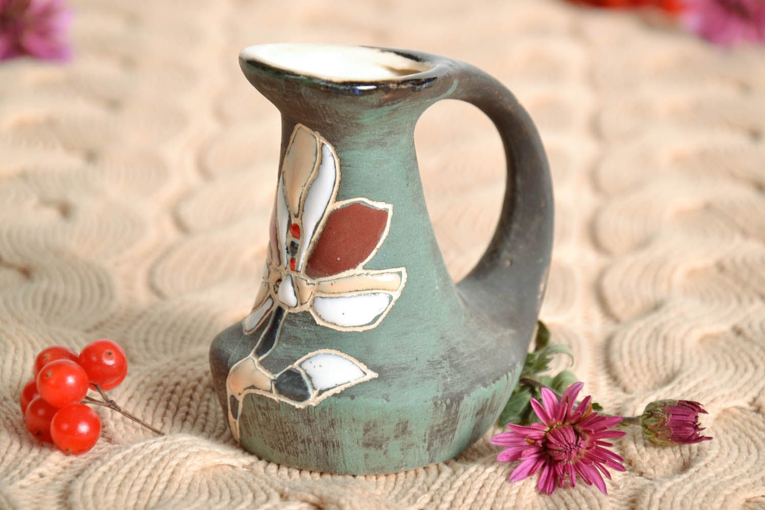 Ceramic handmade olive color pitcher with handle 0,32 lb photo 1