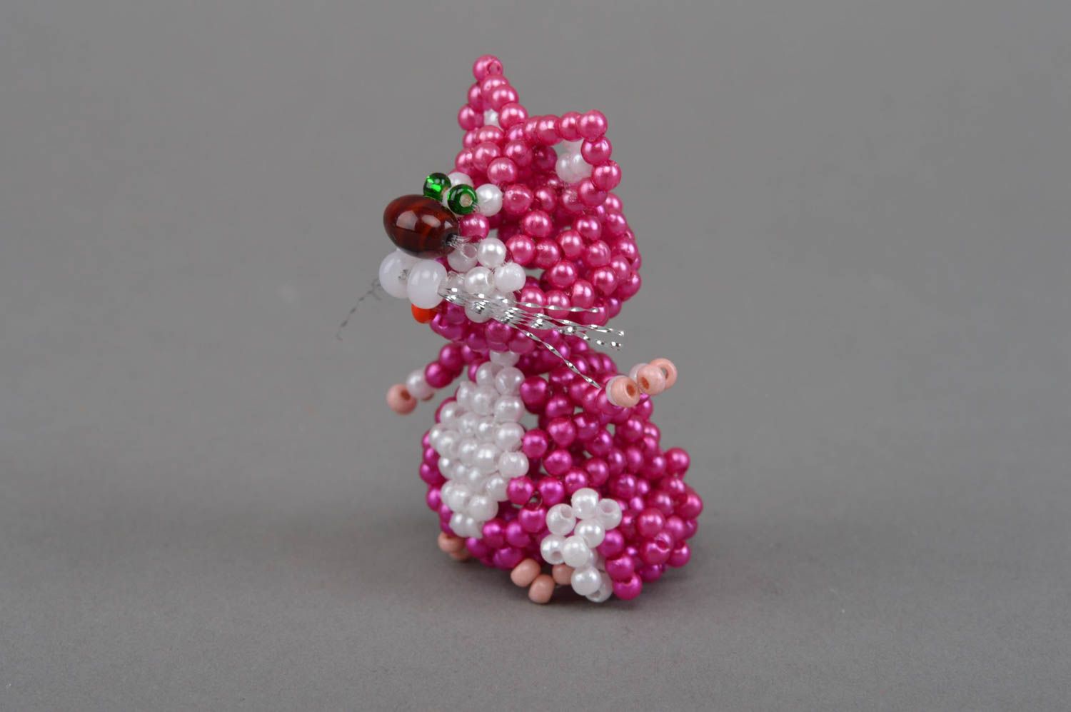 Unusual small handmade designer beaded statuette of cat of crimson color photo 3