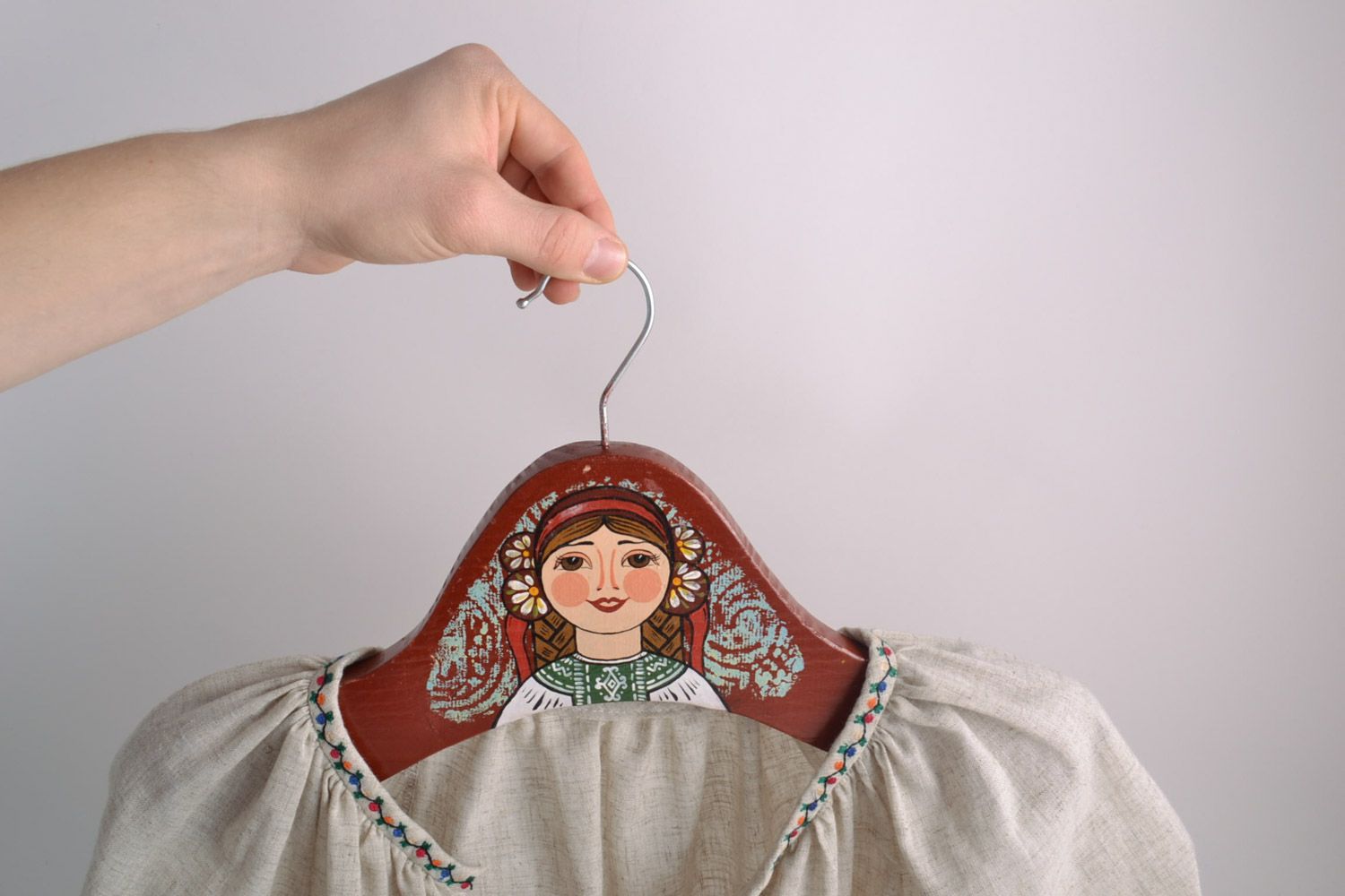 Handmade massive wooden clothes hanger decorated with ethnic acrylic painting  photo 1