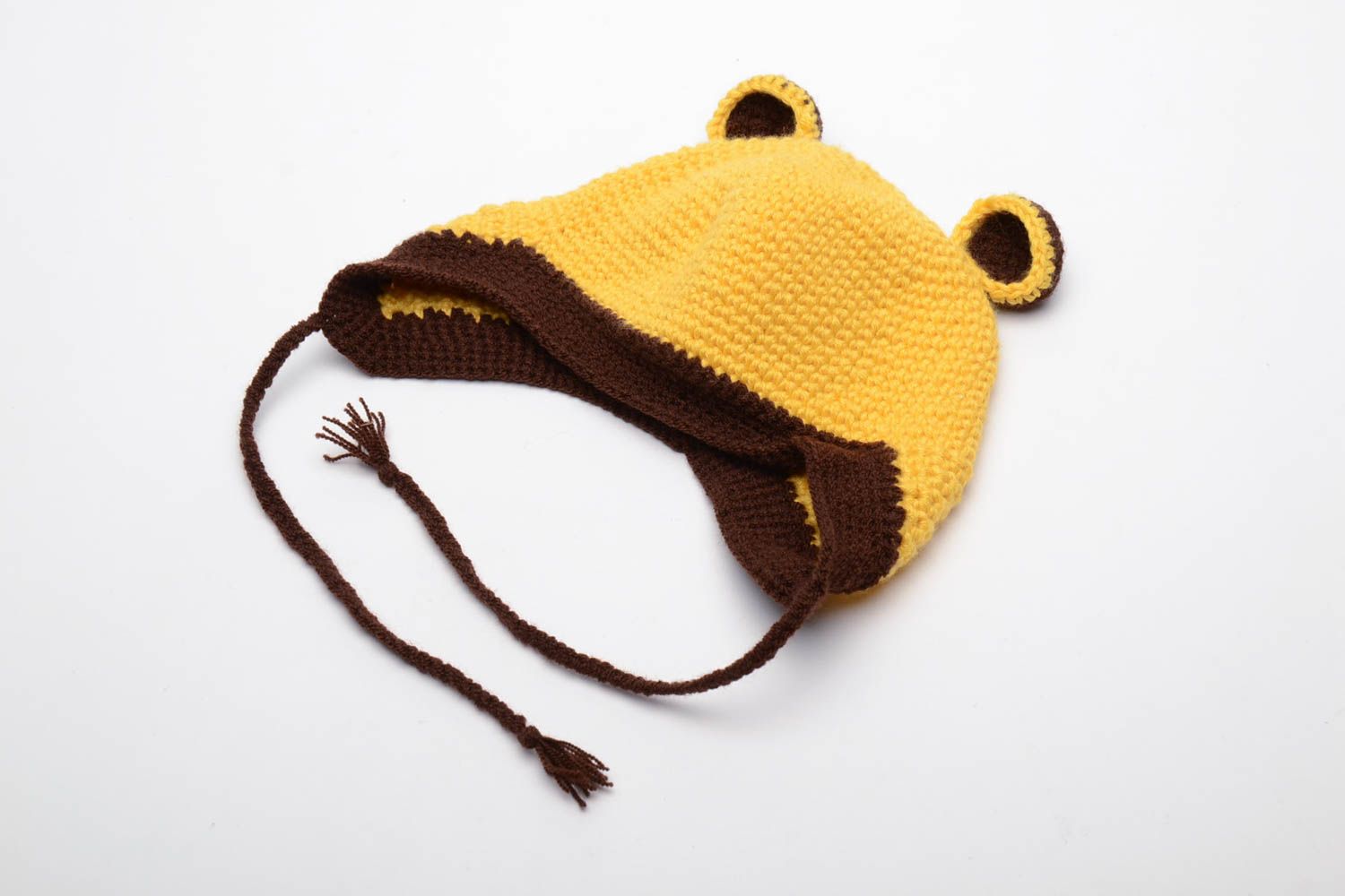 Bonnet tricoté à la main original pour enfant fait main jaune avec oreilles photo 2