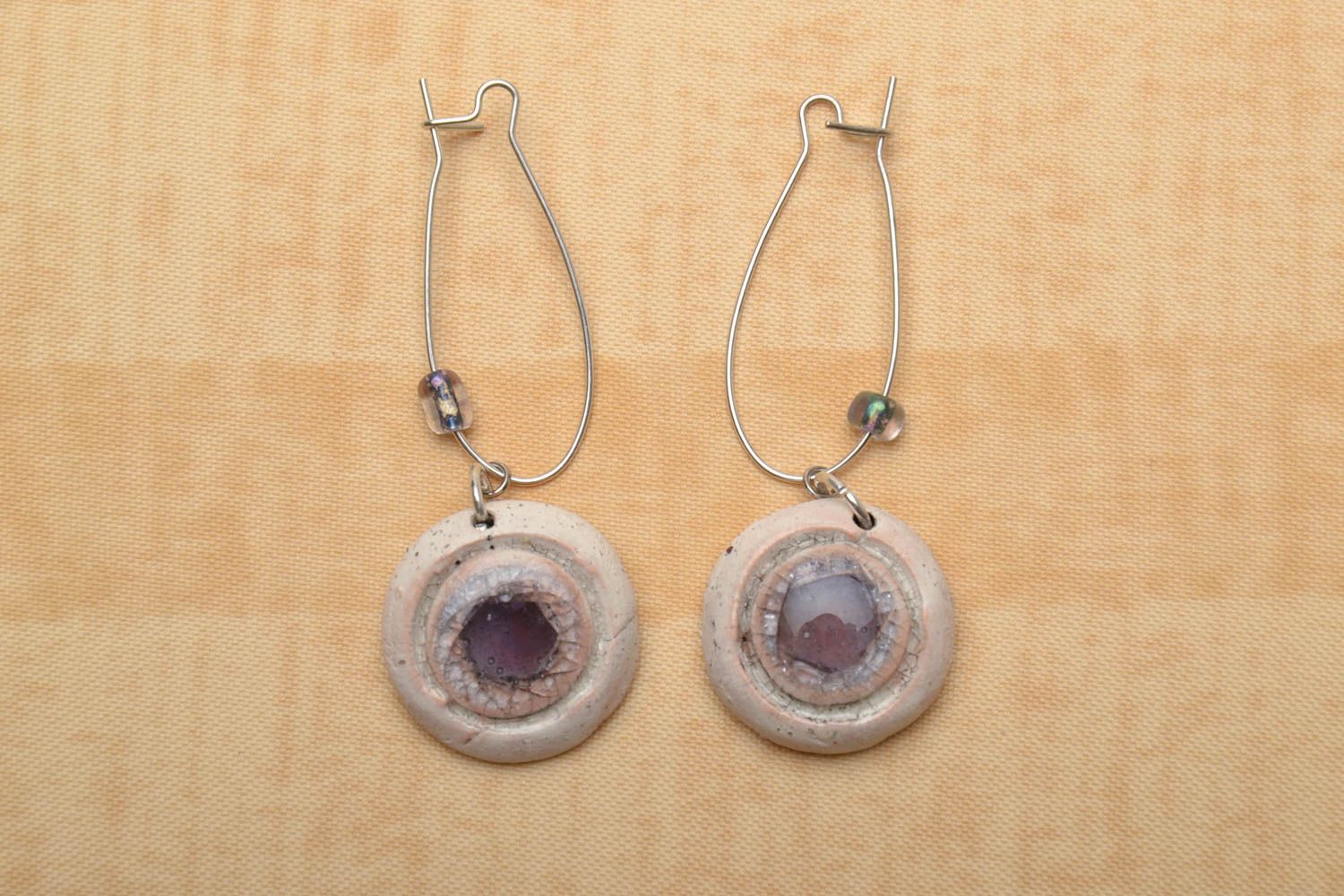 Round ceramic earrings with colorful glass Violet photo 1