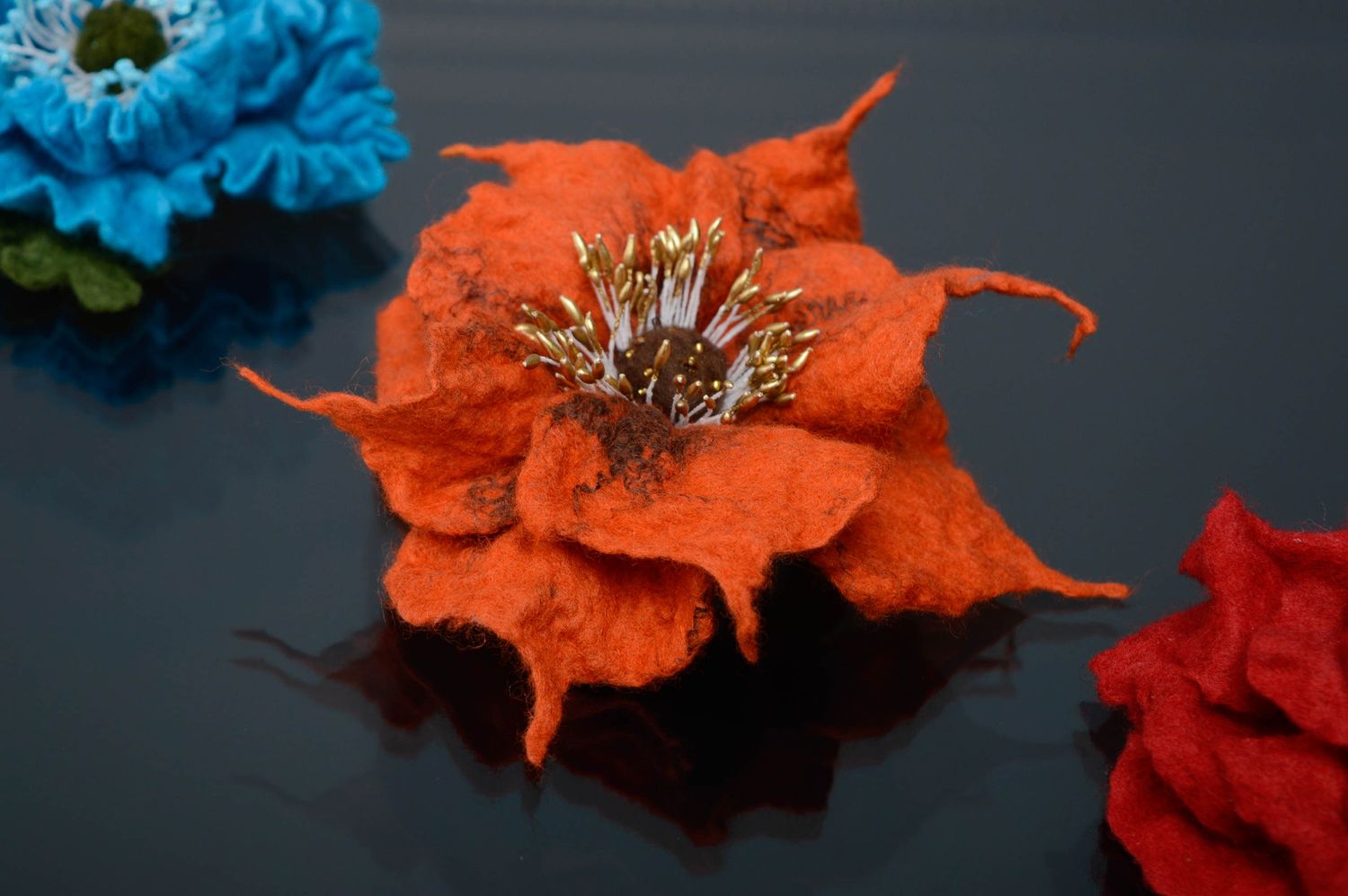 Handmade woolen brooch Orange Flower photo 5