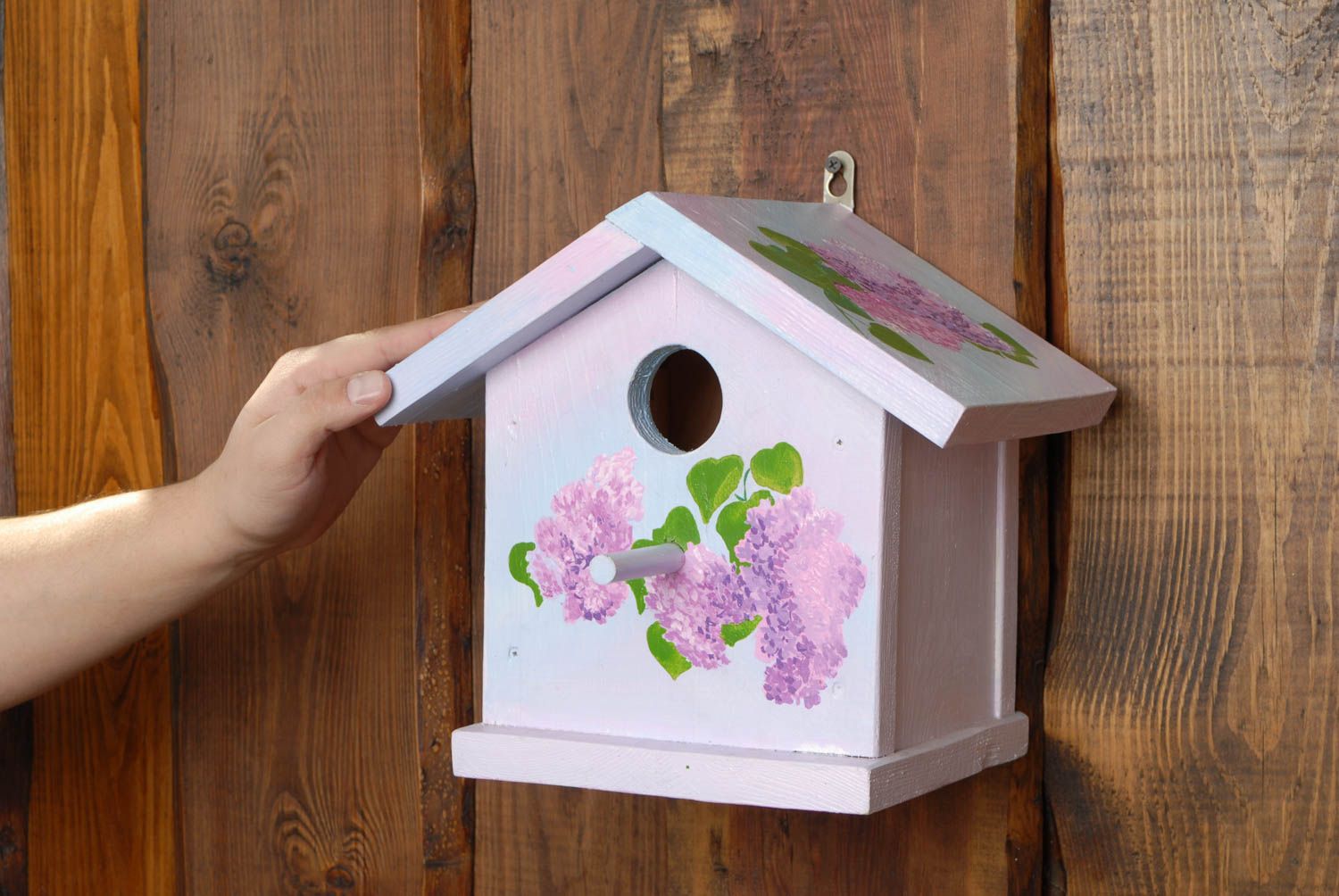 Maisonnette pour oiseaux en bois faite main originale de couleur violette photo 2