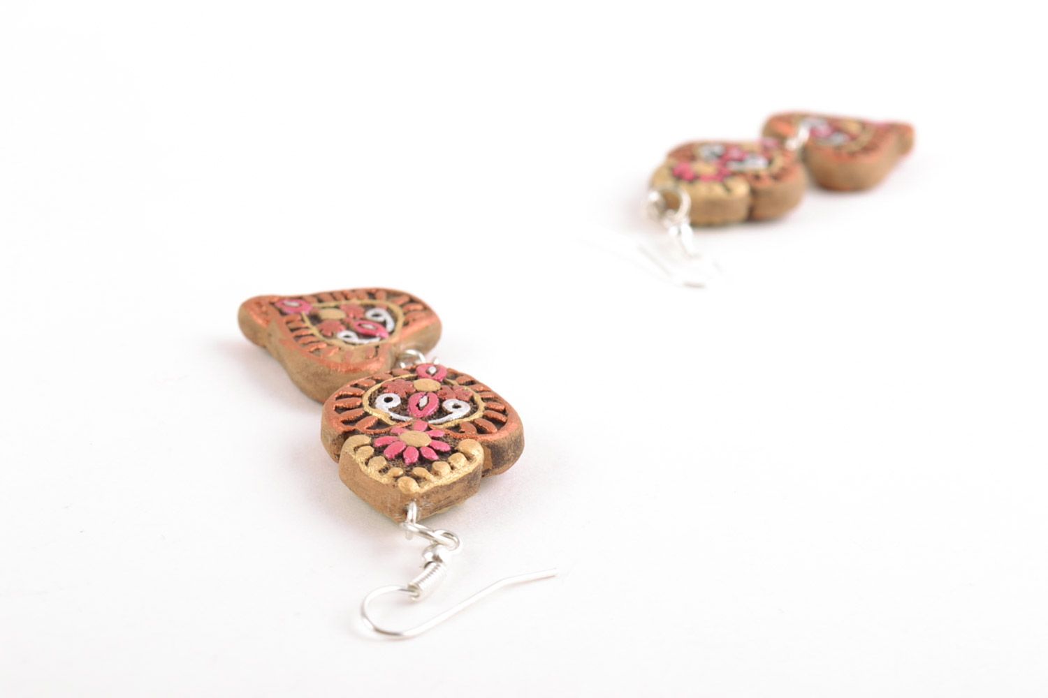 Handmade long dangling ceramic earrings painted with acrylics in ethnic style photo 5