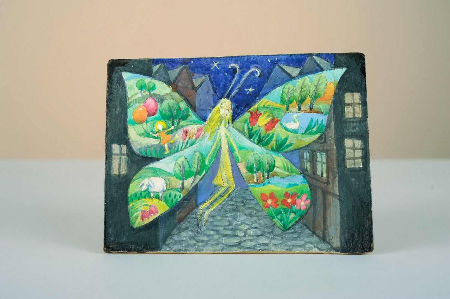 Picture, acrylic paints, water colors Butterfly in the city photo 1