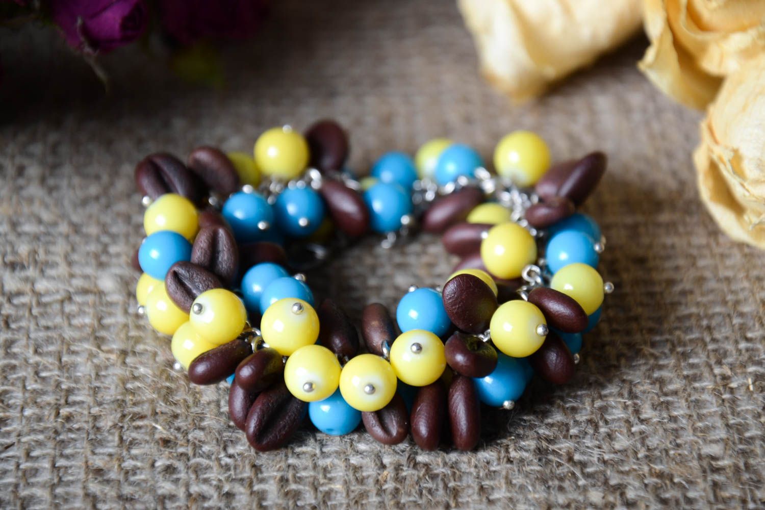 Multiple blue, yellow, brown beads charm bracelet  photo 2