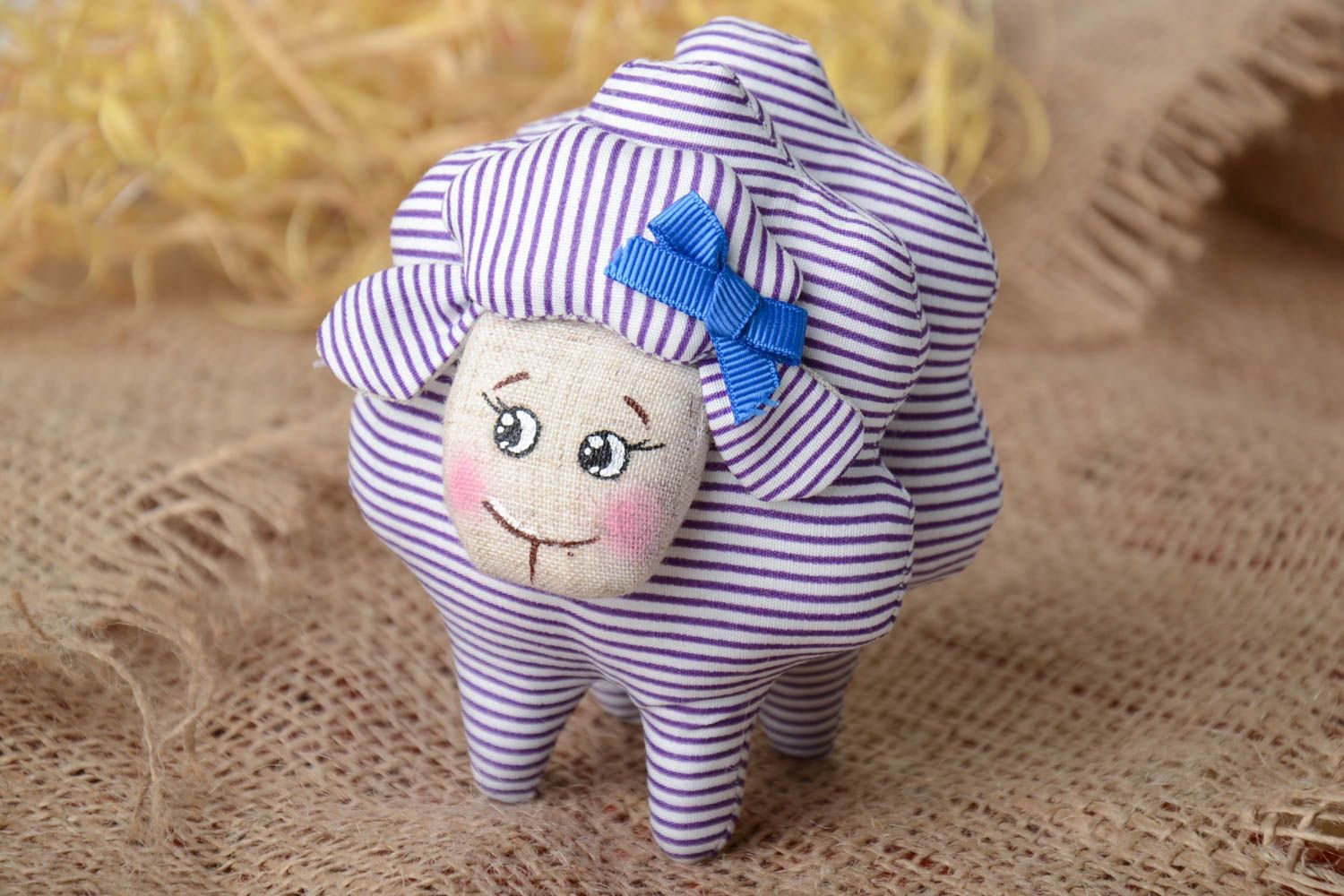 Handmade painted small designer striped fabric soft toy cute lamb with bow  photo 1