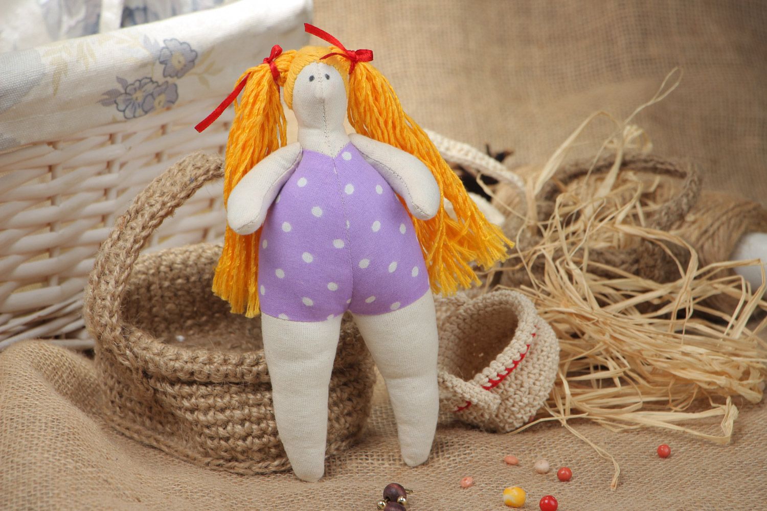 Handmade designer funny soft doll with red hair in violet swimming suit  photo 1