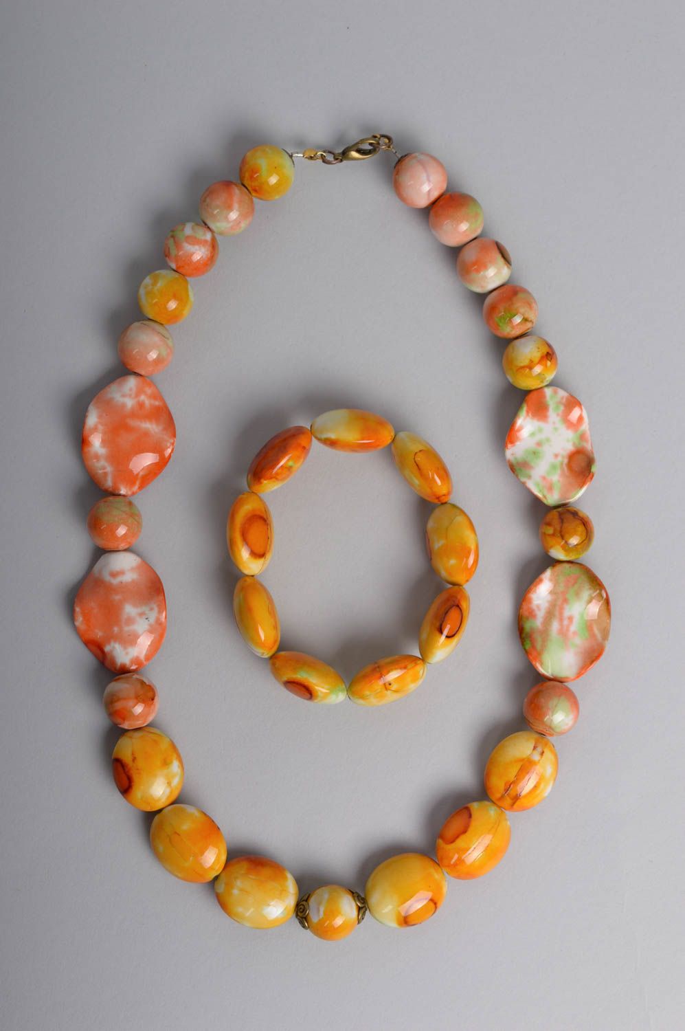 Parure collier bracelet Bijoux faits main perles fantaisie orange Cadeau femme photo 1