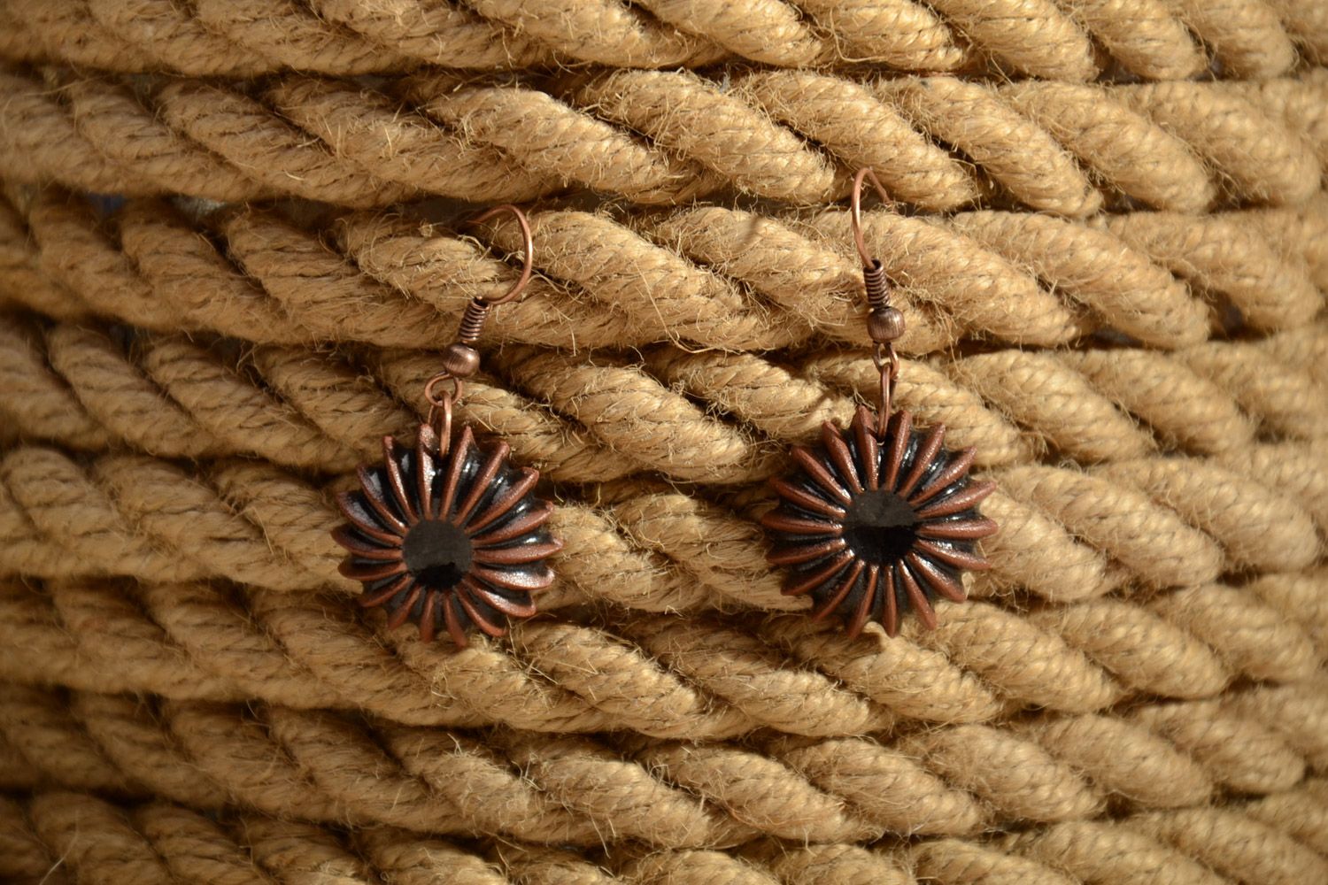 Women's round dangle earrings hand made of brown clay  photo 1
