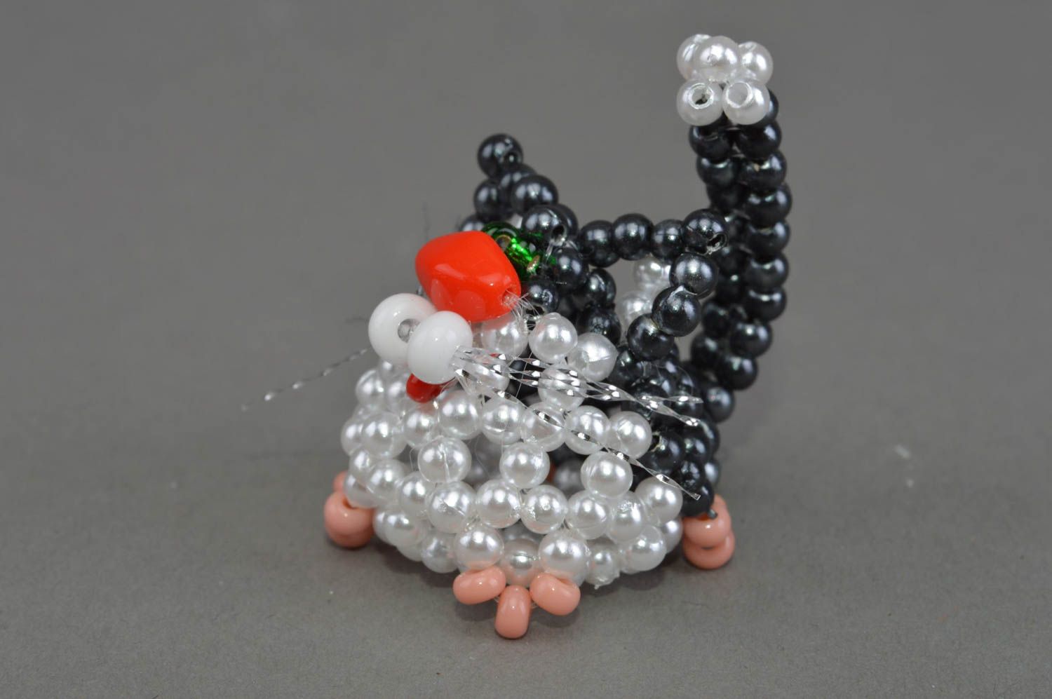 Chat en perles de rocaille figurine décorative faite main noir blanc originale photo 3
