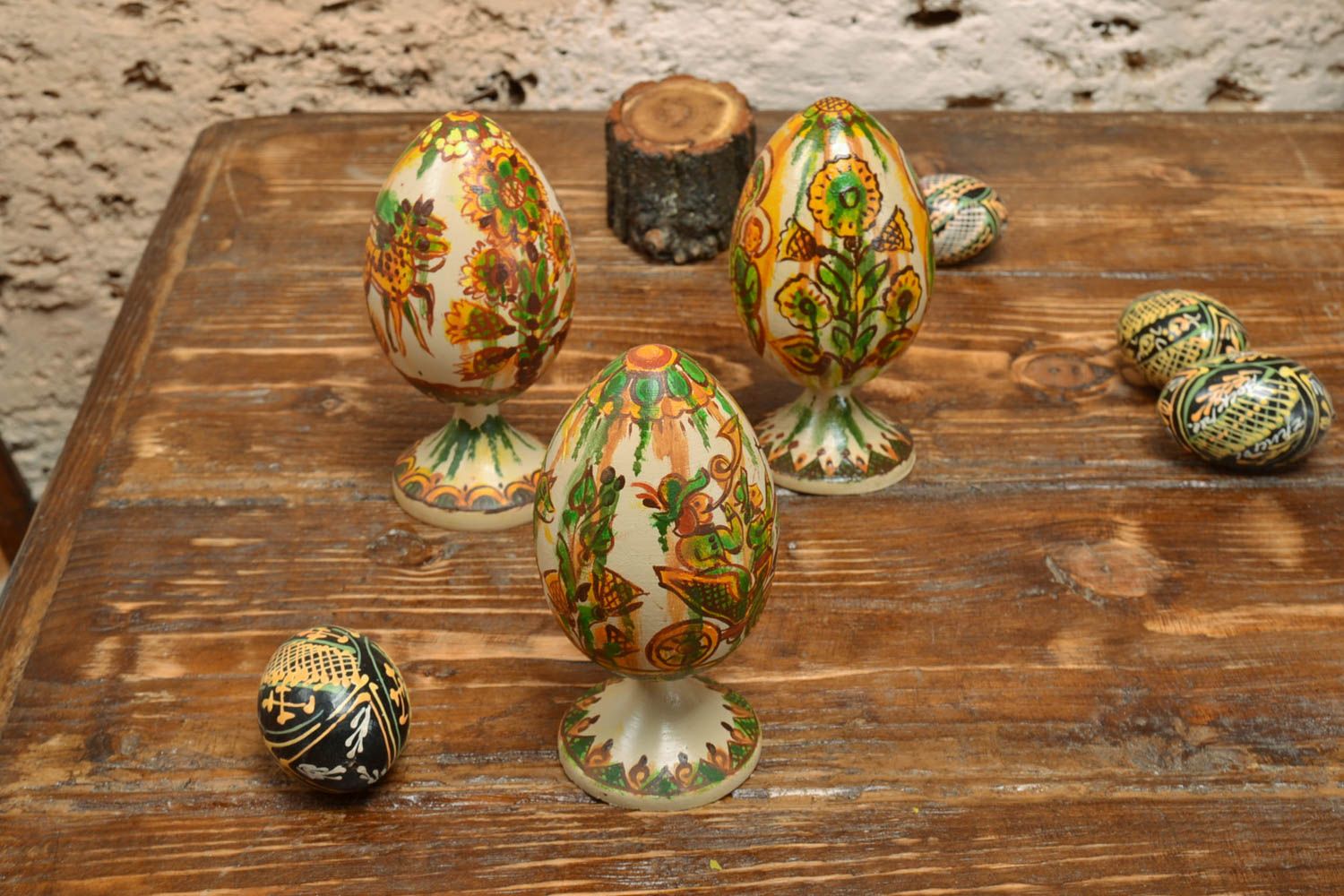 Handmade designer wooden Easter eggs on stands set painted with oils 3 pieces photo 1