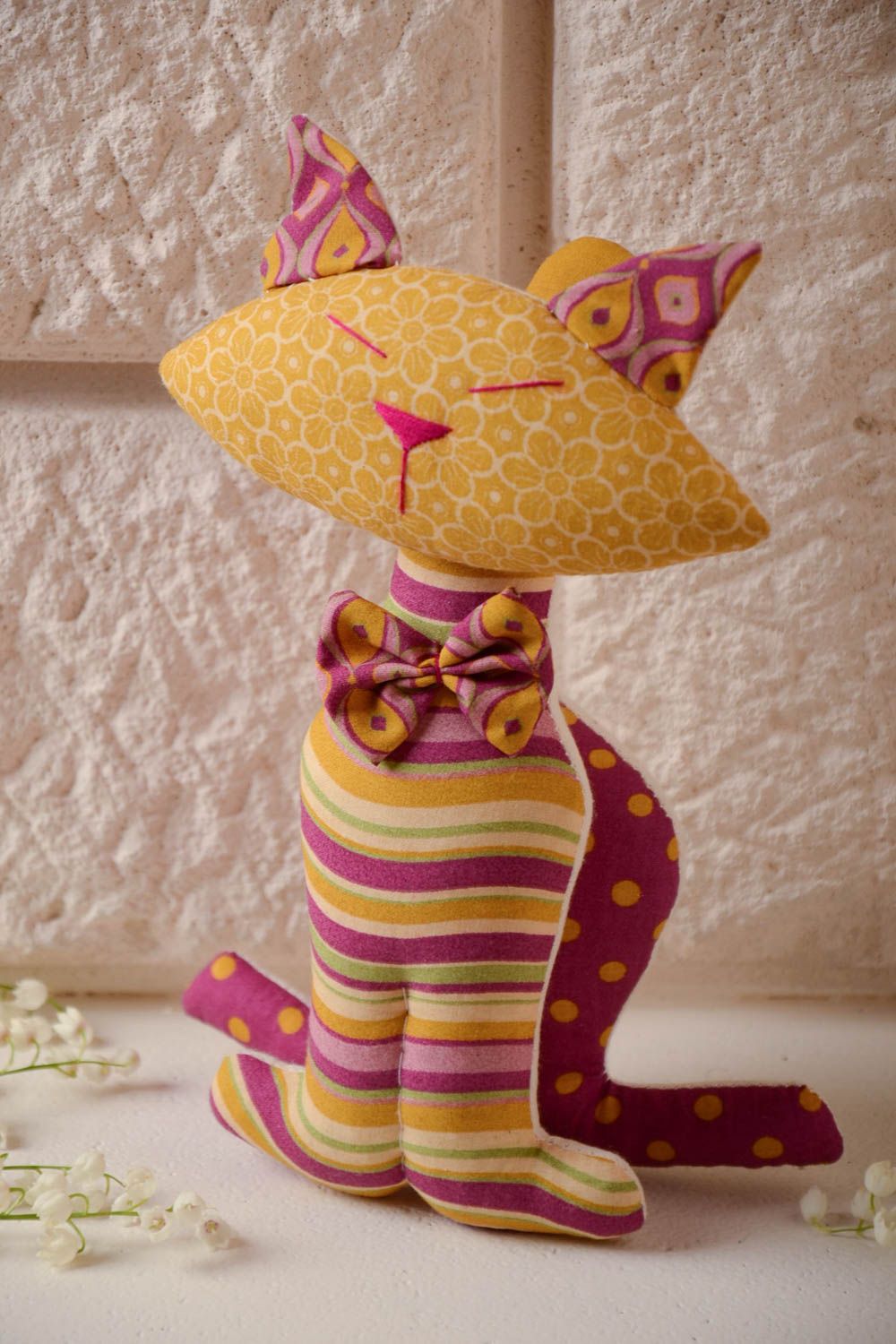 Handmade designer cotton fabric soft toy colorful cat with bow tie photo 1