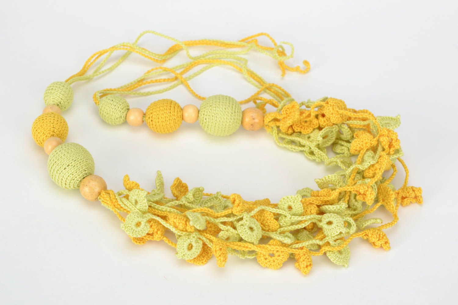 Handmade yellow bead necklace crocheted over with cotton threads with ties photo 3