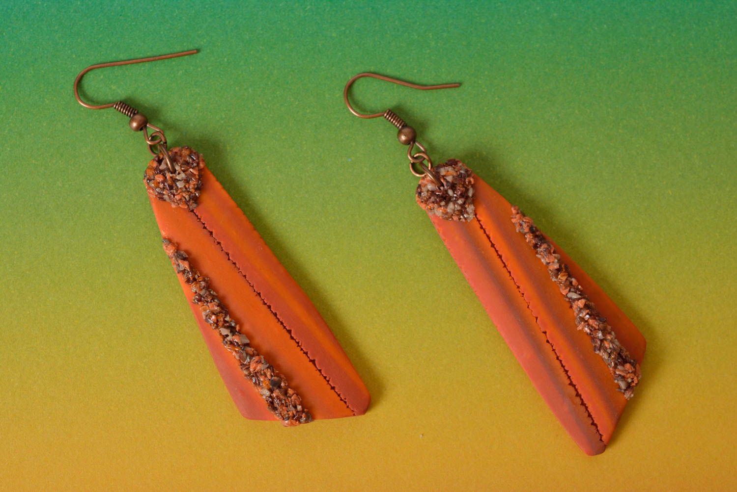 Handmade long dangle polymer clay earrings of terracotta color shade photo 1