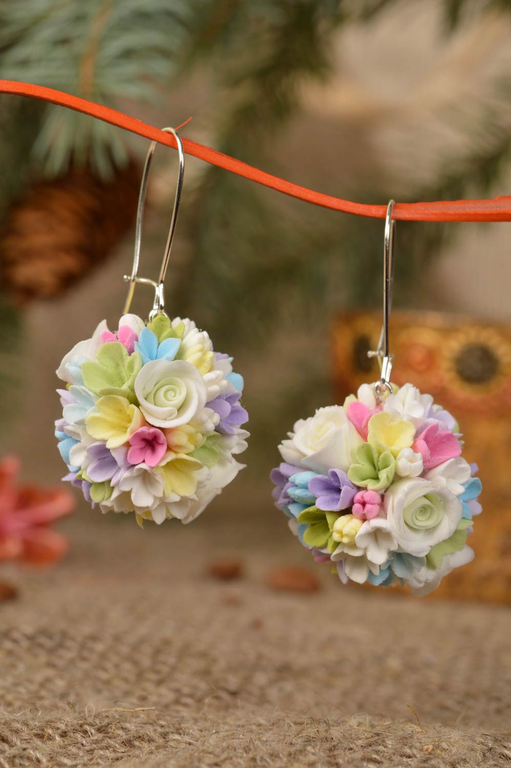 Long handmade delicate earrings made of clay with roses stylish summer accessory photo 1
