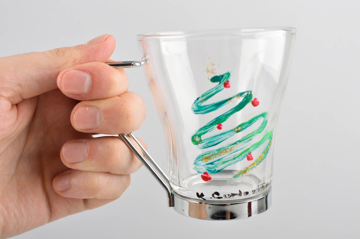 Clear glass coffee or tea cup with handle and Christmas tree painting photo 4