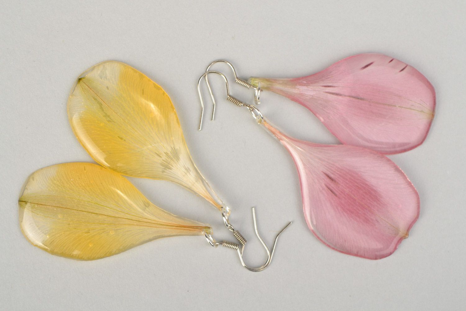 Handmade yellow and pink dangle earrings with flowers in epoxy resin 2 sets photo 4