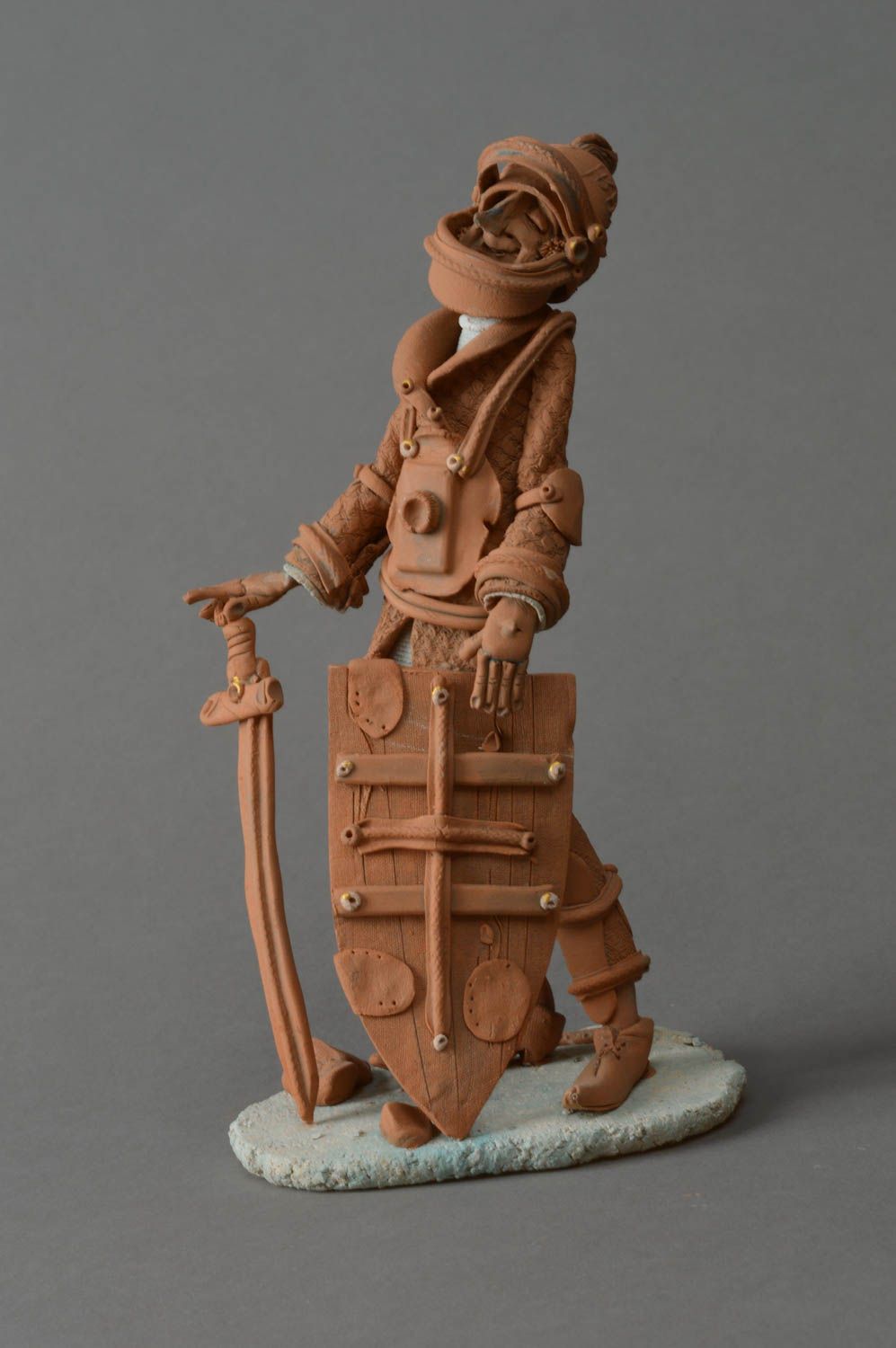 Unusual handmade designer white and red clay miniature sculpture Knight figurine photo 1